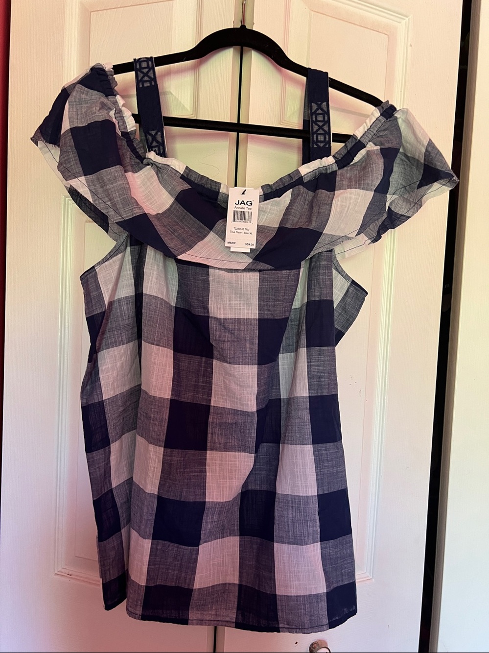 Jag Annalise Women’s Navy and White 💯 CottonCheck Plaid Off-Shoulder Top Size XL